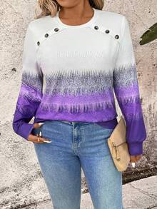 EMERY ROSE Plus Size Women's Minimalist Fashion Ombre Graphic Print Crew Neck Long Sleeve Pullover T-Shirt, Suitable For Work Commute And Everyday Wear - Multicolor - View 7