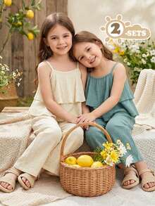 Vintaside Kids 4pcs/Set Girls' Casual Charming Camisole Top Paired With Relaxed Wide Leg Pants, Pink & Beige, Suitable For Daily Outings, Vacation & Leisure Wear - Multicolor - View 4