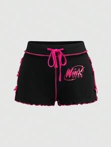 The Winx X SHEIN Women's Drawstring Waist Letter Graphic Lettuce Trim Shorts - Maroon - View 1