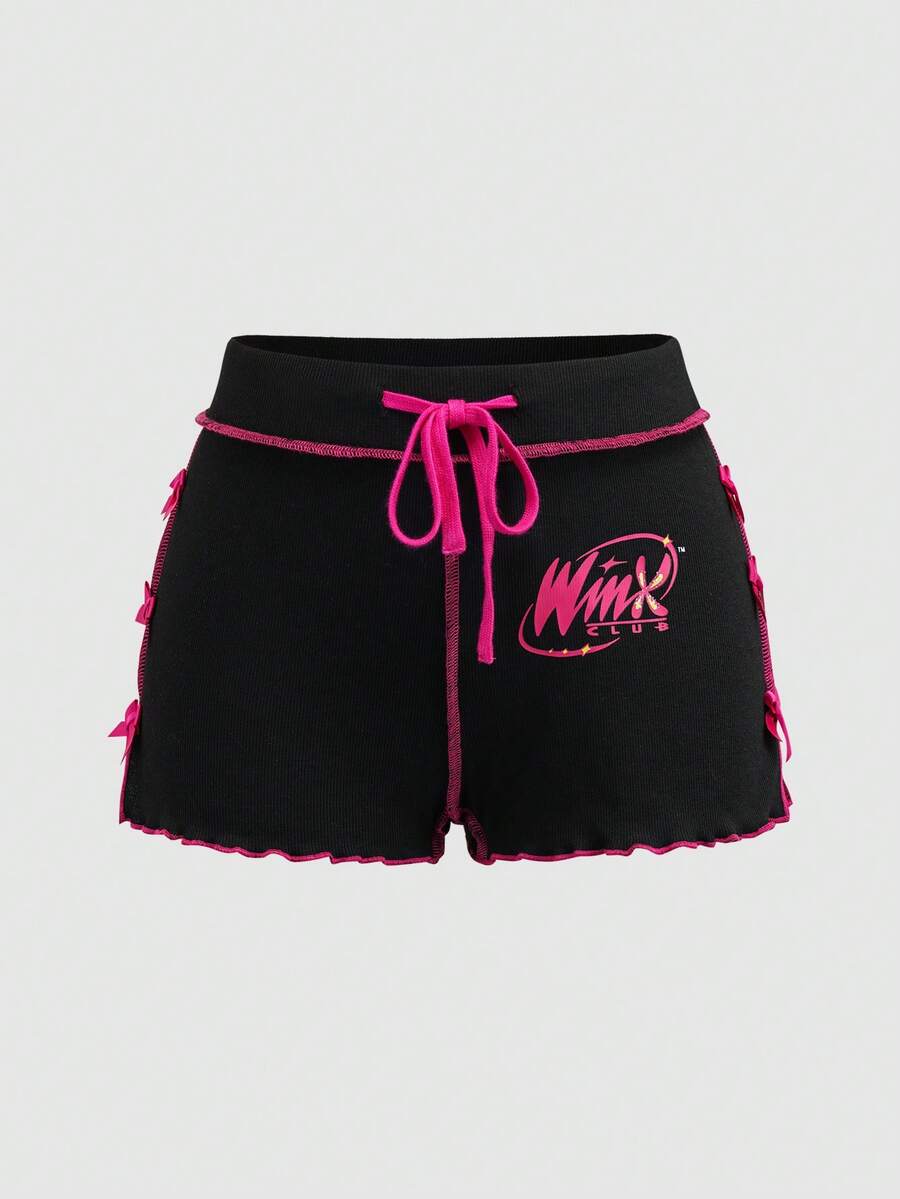 The Winx X SHEIN Women's Drawstring Waist Letter Graphic Lettuce Trim Shorts - Maroon - View 1