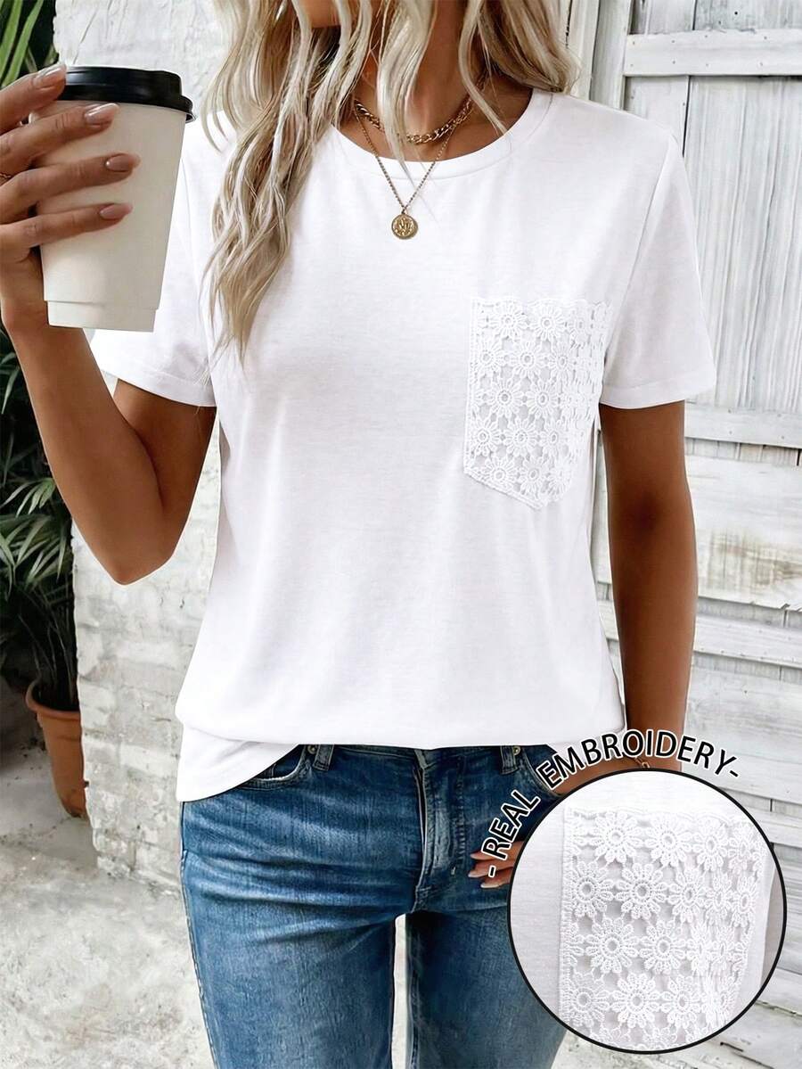 EMERY ROSE Women's Spring/Summer New Arrival Embroidered Pocket Design Round Neck Short Sleeve Casual Versatile T-Shirt - White - View 1
