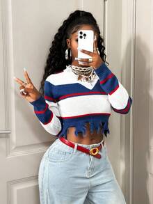 BamGleam Women's V-Neck Long Sleeve Blue White Stripe Ripped Distressed Fringe Pullover Knit Sweater,Autumn Streetwear Everyday Back To School Fashion Casual - Blue and White - View 3