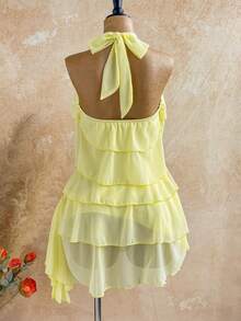 Soleia 女士雪纺优雅奶油黄吊带迷你连衣裙，女士约会连衣裙，女士夜间外出连衣裙，女士夏季连衣裙，女士蜜月套装，女士婚礼宾客连衣裙，海岛度假套装，女士婚礼宾客连衣裙，女士吊带连衣裙，女士优雅派对连衣裙，女士生日连衣裙 - 淡黃色 - 查看 2