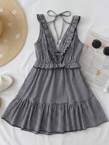 GlowEve Petite Artistry Women's Simple Ruffled Strap Solid Mini Dress, Black And White Checkered, Suitable For Summer Leisure & Vacation - Black and White - View 2