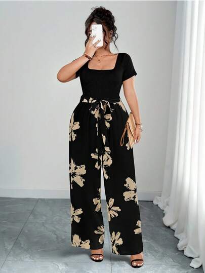 GlowEve CURVE Plus Size Women's Casual Floral Print Square Neck Belted Wide Leg Jumpsuit, Summer Holiday Style