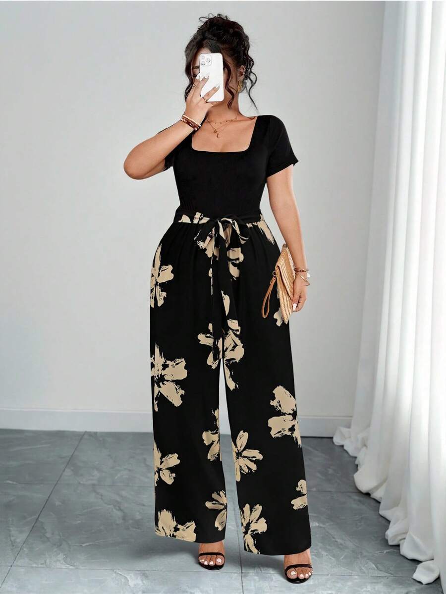 Elenzga Bộ jumpsuit nữ cỡ lớn in hoa, cổ vuông, thắt lưng, ống rộng, phong cách mùa hè, thích hợp cho kỳ nghỉ. - màu đen - Xem 1