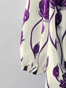 Linhara 大码女式休闲印花圆领长袖衬衫，蓝白印花衬衫，秋季服装，乡村音乐节衬衫，女士秋季衬衫，户外服装，2025新款复古女式灯笼袖衬衫，女士长袖紫色衬衫，女士衬衫 - 紫色 - 查看 3