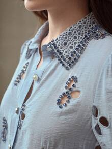 MOTF PREMIUM FASHIONABLE EMBROIDERED & RHINESTONE DECORATED LASER CUT WOMEN'S SHIRT - Blue - View 3