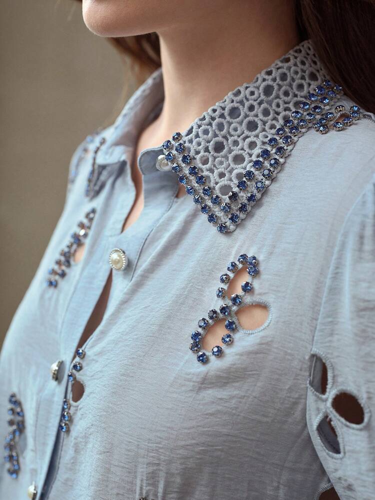 FASHIONABLE EMBROIDERED & RHINESTONE DECORATED LASER CUT WOMEN'S SHIRT