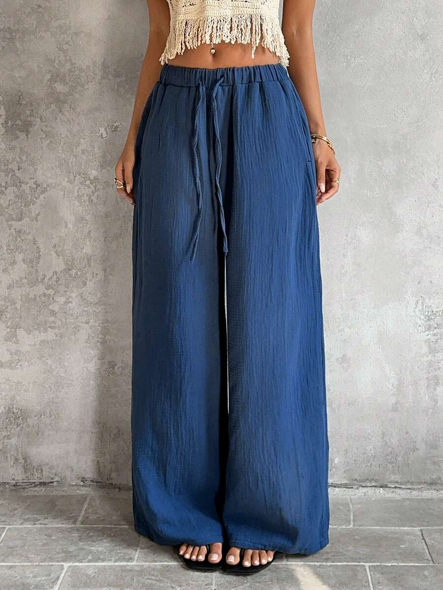 Sunnyshic Women's Drawstring Waist Pockets Wide Leg Loose Casual Versatile Jeans - Blue - View 1