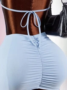 Amplova 2026 New Arrival Minimalist Blue Low-Cut Halter Waist-Cinched Bodycon Mini Dress, Sporty Chic - Blue - View 8