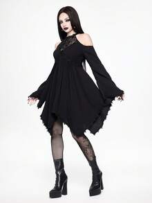 ROMWE Boho Goth Dark Forbidden Forest Snake Dreamcatcher Embroidery Hollow Design Flare Sleeve Asymmetrical Hem Dress - Black - View 8