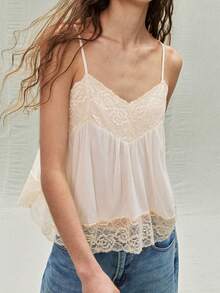 SoleilVie 女士杏色花卉蕾丝边休闲吊带背心，适合度假、下午茶、波西米亚风格 - 杏色 - 查看 1