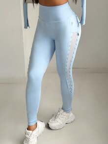 SHEIN EZwear 女士高腰显瘦蓝色针织打底裤 - 淺藍色 - 查看 7