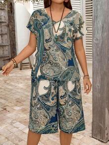 EMERY ROSE 大码V领短袖佩斯利印花上衣和阔腿七分口袋裤两件套，夏季度假，女士夏季服装，女士度假装，波西米亚风女装，波西米亚风假日装，女士西式服装 - 墨綠色 - 查看 3