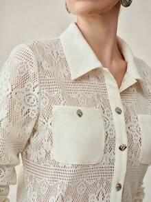 MOTF PREMIUM WOMEN'S APRICOT LOOSE CONTRAST LACE LONG SLEEVE SEMI-SHEER BLOUSE - Apricot - View 6