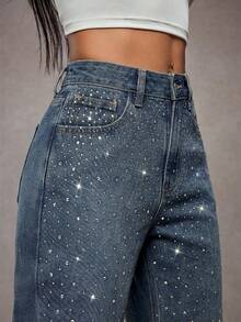 SHEIN Tall 高腰斜插口袋水钻装饰水洗牛仔锥形裤 - 中等水洗藍 - 查看 6