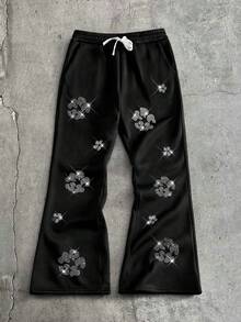 AXEPEAK 男士休闲时尚街头水钻抽绳腰喇叭运动裤 - 黑色 - 查看 1