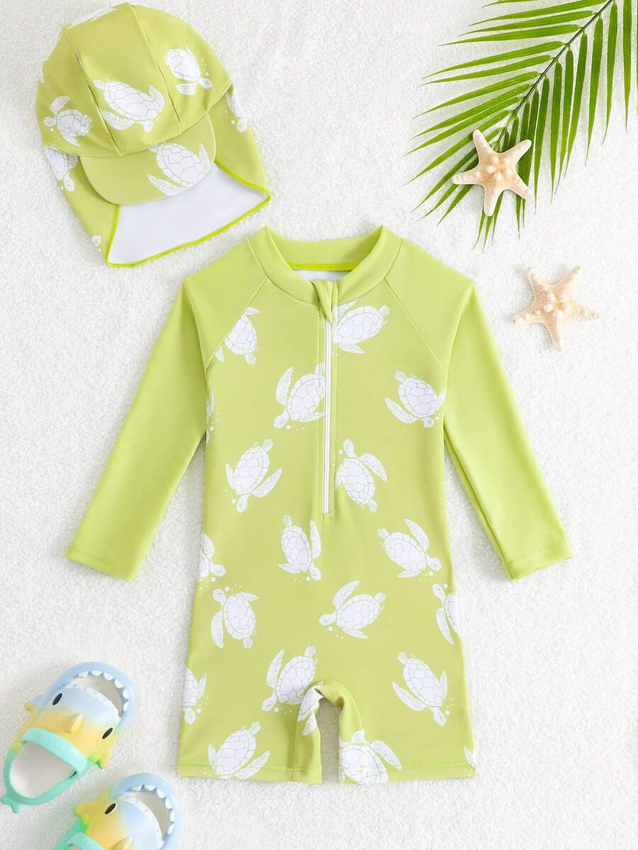 SHEIN Baby Boys Light Green Sea Turtle Rash Guard Swimsuit,Cute Cartoon Long Sleeve One-Piece Bathing Suit With Hat,2pcs Summer Vacation Holiday Beach Set