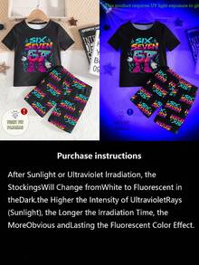 两件套男童夜光67号印花睡衣，修身短袖T恤和短裤，轻薄舒适，适合春夏穿着 - 黑色 - 查看 3