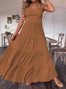 EMERY ROSE Plus Size Women Summer Brown Dress Boho Vacation Holiday Solid Color Multi-Layer Ruffled Hem Long Cami Maxi Outfit Sundress Tiered Dress Two Piece Set - Brown - View 3