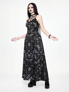 ROMWE Đầm đen không tay in hình đầu lâu Gothic, bướm đêm, bướm ngày, nấm, cây cối, ngôi sao năm cánh. - màu đen - Xem 5