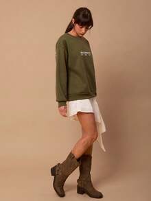 SURIMA Casual Minimalist Printed Pattern Crew Neck Long Sleeve Thick Loose Women Sweatshirt - Army Green - View 3