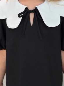 SHEIN 少女休闲可爱通勤上学彼得潘领黑白撞色泡泡袖连衣裙，春夏款 - 黑色 - 查看 4