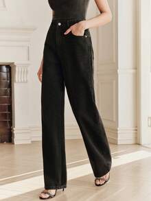 Anewsta Women's Casual Loose Fit Distressed Rhinestone Pocket Straight Leg Jeans Rhinestone Jeans - Black - View 3