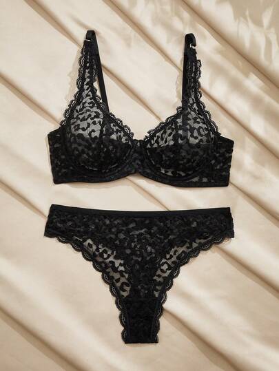 Charlaine Sexy French Leopard Lace Patchwork Underwire Bra And Thong Lingerie Set For Women