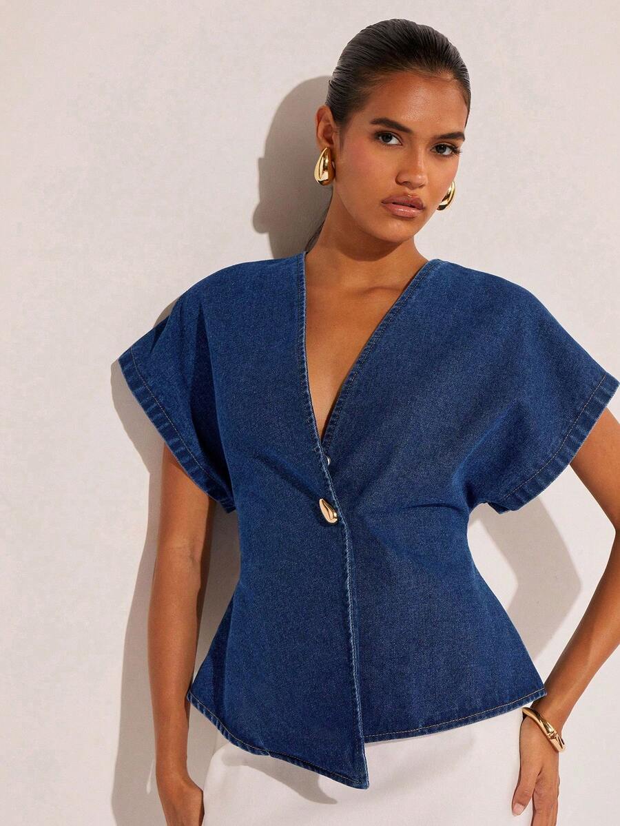 COSMINA 女式单扣蝙蝠印花短袖休闲牛仔衬衫 - 深色水洗藍 - 查看 1