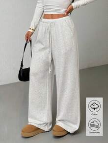 SHEIN PETITE Contrast Color Waistband Drawstring Pockets Casual Wide Leg Baggy Sweatpants,Fall,Fall Clothes For Women,Winter Clothes For Women - Grey - View 4