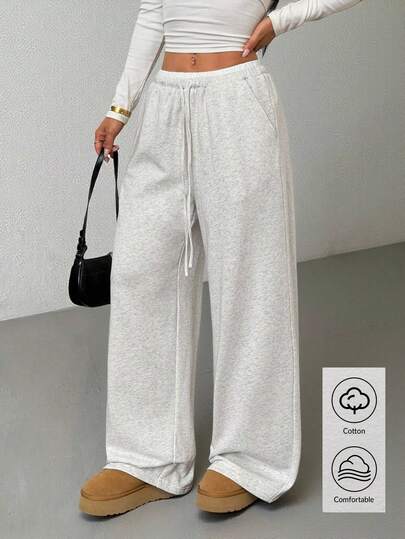 SHEIN PETITE Contrast Color Waistband Drawstring Pockets Casual Wide Leg Baggy Sweatpants,Fall,Fall Clothes For Women,Winter Clothes For Women