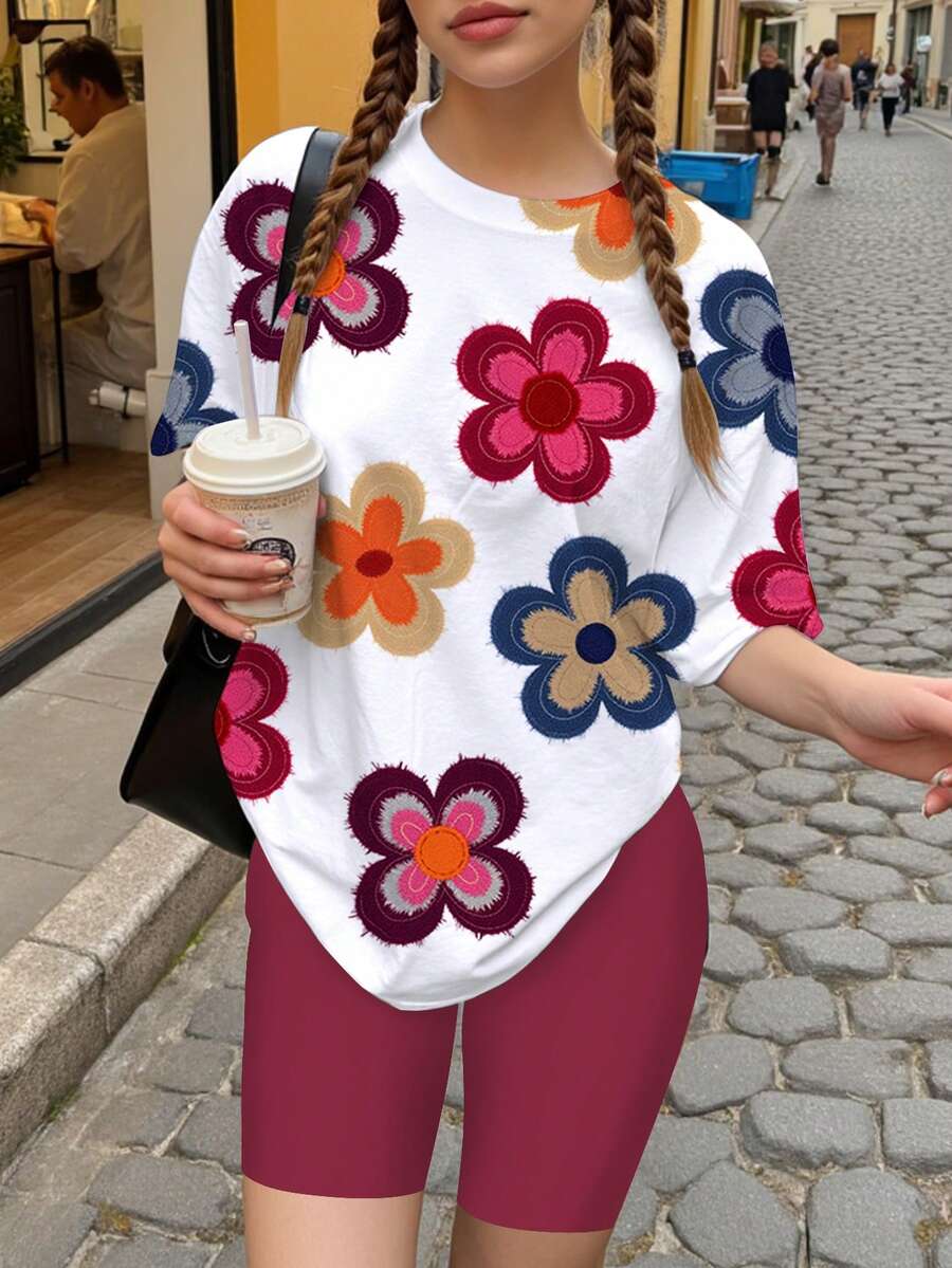 Bộ 2 món dành cho nữ tuổi teen, gồm áo thun ngắn tay và quần short in họa tiết hoa, kiểu dáng retro màu đỏ, thích hợp cho mùa hè, kỳ nghỉ và hoạt động ngoài trời. - Nhiều màu - Xem 1