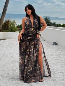 Rustia 性感V领印花修身优雅紧身吊带连衣裙 - 棕色 - 查看 1