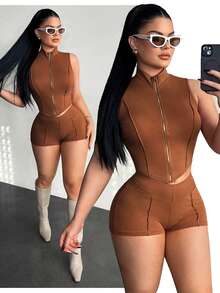 SHEIN SXY 女士休闲运动拉链紧身短裤套装 - 棕色 - 查看 1