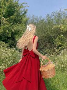 SHEIN MOD Women's Red Mid-Length Dress With Bowknot Decor On Back,Backless Dress,Vacation Outfits ,Modest Dresses For Women,Spring Break Dresses,Summer Holiday Outfits,Valentine's Day Dress,Birthday Dress For Women, Elegant Dresses For Party,Red Dress,Wedding Dress Bow Back Dress Red Open Back Dress Dress With Bow In The Back - Red - View 1