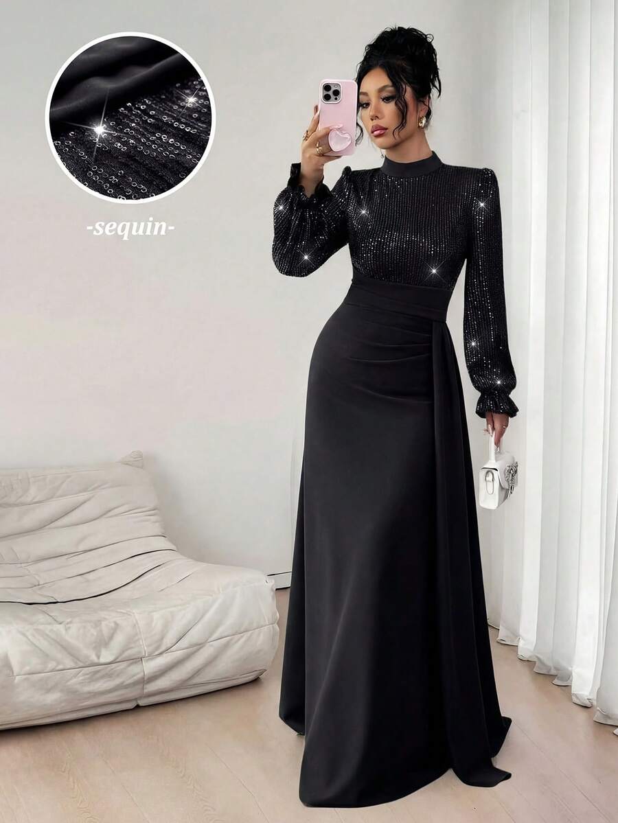 SHEIN Elenzya 女士优雅亮片装饰长袖收腰连衣裙，适合宴会、派对、婚礼宾客、新年、圣诞节等场合。 - 黑色 - 查看 1