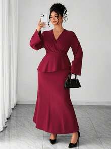 Elenzga Große Größen Damen Burgunderrotes Maxikleid, elegantes Wickelkragen Taille schmeichelndes Kleid für Party, Date, Abschluss, Urlaub, Valentinstag, Musikfestival, Muttertag, Halloween, Thanksgiving, Ostern, Nationalfeiertag, Abschlussball, Datenight, Hochzeitssaison, Outdoor-Ausflug - Bordeaux - Übersicht 7