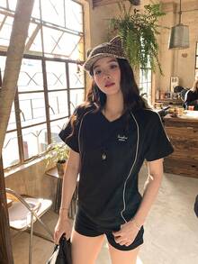 DAZY 女士美式V领短袖T恤，黑色，修身，运动设计，2025夏季新款 - 黑色 - 查看 6