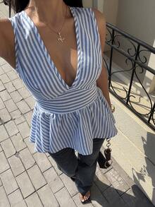 Siren Gaze 女士蓝白条纹深V领吊带无袖上衣，条纹衬衫，适合日常休闲穿着、度假、海滩、夏季穿着。 - 藍白色 - 查看 4