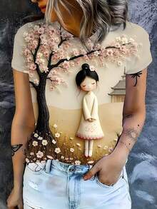 Women's Cute Girl Under Sakura Tree Digital Print Round Neck T-Shirt - Multicolor - View 3