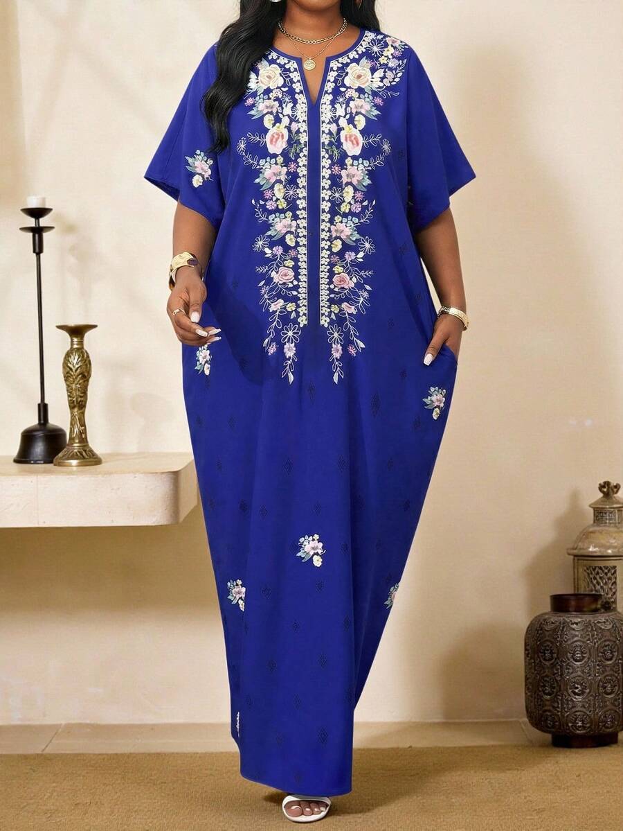 SHEIN Lady 大码V领复古宽松长款印花连衣裙