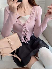 FRIFUL Women's Solid Color Ruffle Trim Layered Slim Fit Lightweight Cardigan, Versatile - Pink - View 4