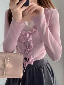 FRIFUL Women's Solid Color Ruffle Trim Layered Slim Fit Lightweight Cardigan, Versatile - Pink - View 1