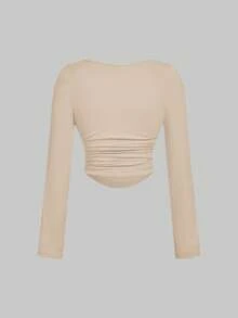 SHEIN MOD Áo thun ôm sát cổ tròn cỡ lớn dành cho nữ, bộ 3 áo, áo dài tay nữ, áo bó sát, áo màu trung tính, áo croptop dài tay, áo dài tay nữ. - Màu Khaki - Xem 10