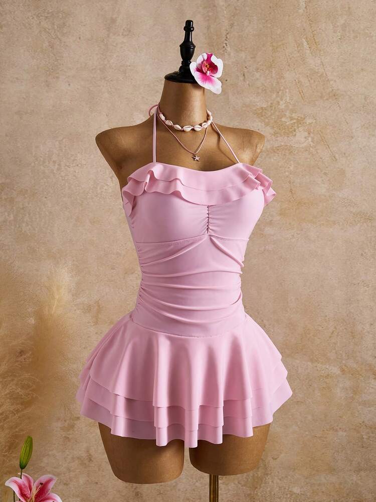 pink dress swimsuit U Neck Adjustable Drawstring Pink Swimdress, Red / Size L