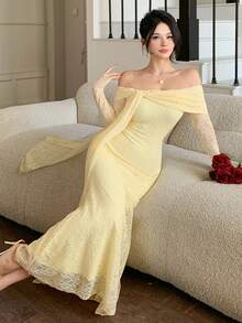 DAZY Đầm midi ren thanh lịch trễ vai buộc dây dáng đuôi cá dành cho nữ, đầm dự tiệc cưới mùa xuân/hè. - Vàng nhạt - Xem 8