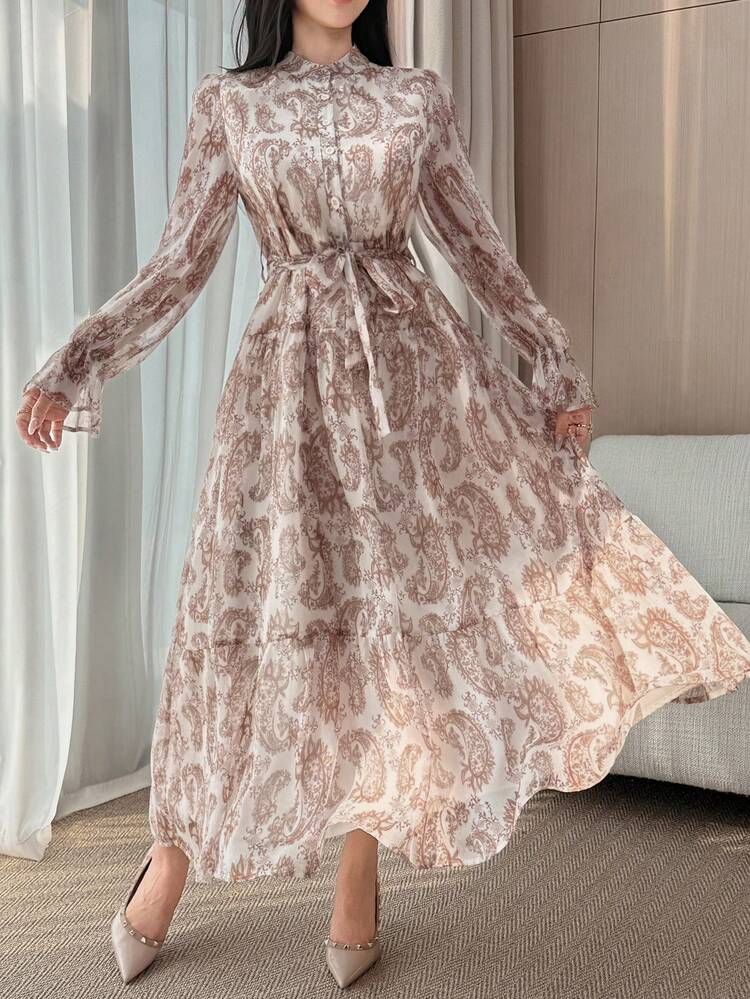 Women's Waist Cinched All-Over Print Shirt Collar Dress Maxi Dress Sundress