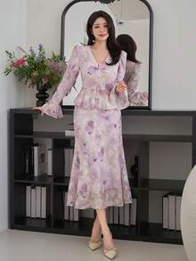 DAZY Women's Elegant Floral V-Neck Puff Sleeve Blouse And Fish Tail Hem Skirt 2-Piece Set, Spring/Summer,Wedding Guest Dress Women - Purple - View 4